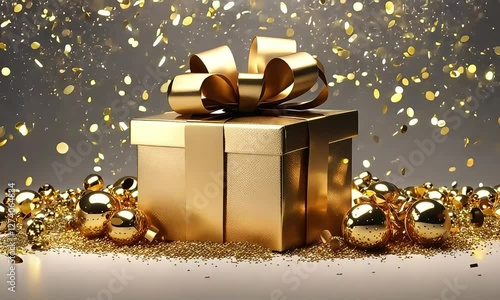 Luxurious Gold Gift Box with Confetti and Ornaments
