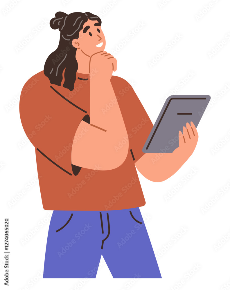 Young woman holding a tablet and thinking deeply. Ideal for creativity, technology, education, decision-making, problem solving, productivity, innovation. Modern flat color icon Young woman holding a tablet and thinking deeply. Ideal for creativity, technology, education, decision-making, problem solving, productivity, innovation. Modern flat color icon