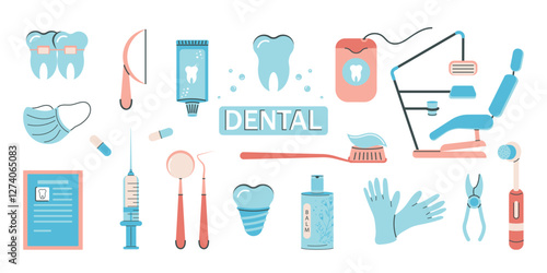 A set of medical supplies for dental care. The concept of a healthy smile and beauty . Vector design.