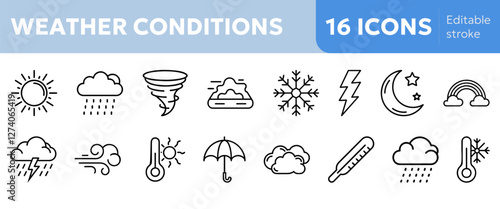 weather conditions icons including sun, cloud, rain, snowflake, thunderstorm, wind, fog, tornado, rainbow, thermometer, umbrella