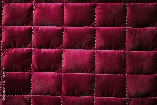 Quilted velour buttoned burgundy red color fabric wall pattern background. Elegant vintage luxury sofa upholstery. Interior plush backdrop photo