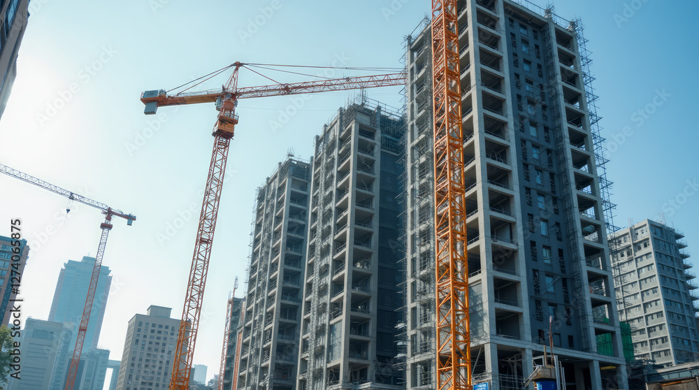 Modern High-Rise Under Construction with Steel Frameworks and Towering Cranes Modern High-Rise Under Construction with Steel Frameworks and Towering Cranes