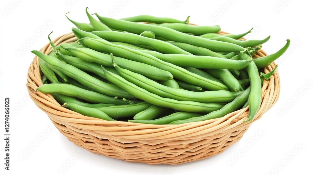 Fresh green beans displayed in a woven basket ready for cooking or enjoying in meals Fresh green beans displayed in a woven basket ready for cooking or enjoying in meals