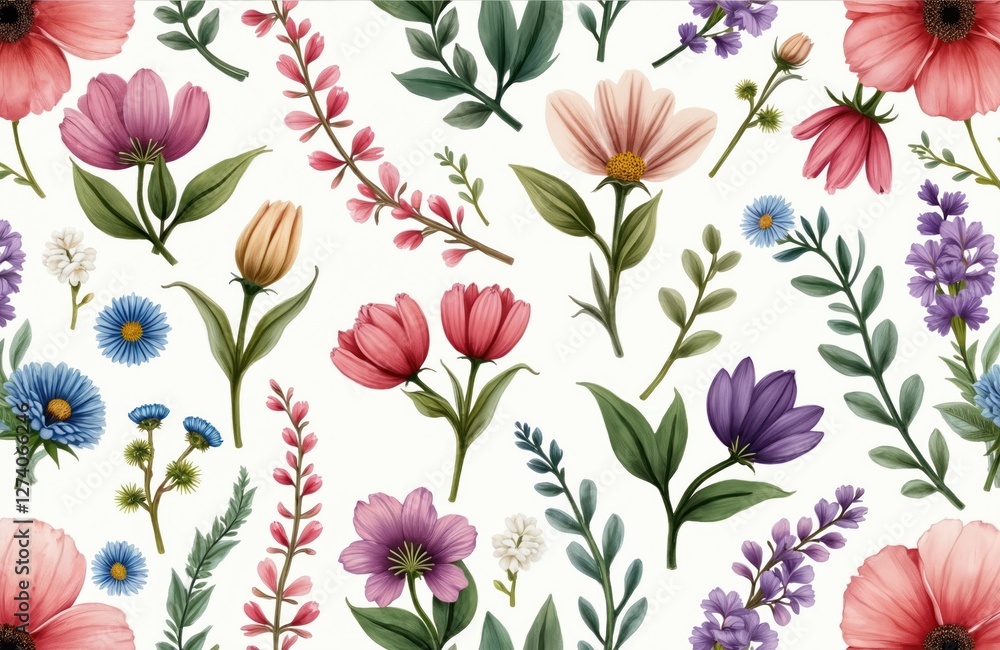 Fototapeta premium Spring vintage design with floral decoration. Herb flower print on fabric, blossom summer art. Beautiful bouquet of season garden flora. Retro romantic bloom seamless pattern on white background.