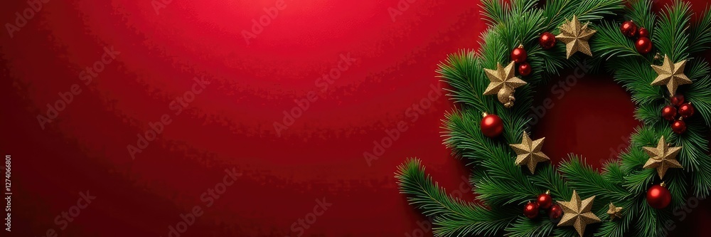 Red velvet background adorned with a lush greenery pine branch wreath and glass ornaments, red background, ornaments Red velvet background adorned with a lush greenery pine branch wreath and glass ornaments, red background, ornaments
