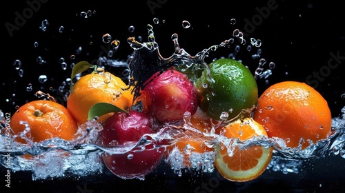 Fresh fruits splashing in water, showcasing vibrant colors and dynamic movement.
