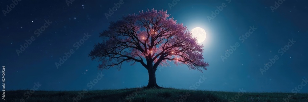 radiant tree of life illuminated by soft moonlight, serene, tranquil, glow