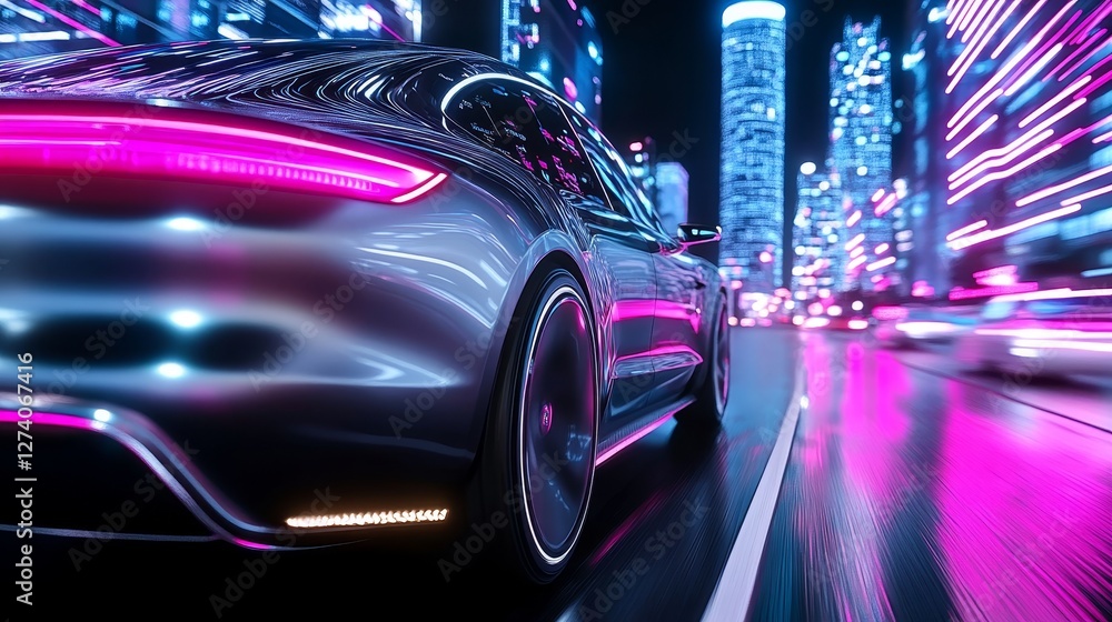 Fototapeta premium Futuristic car speeding through neon-lit urban cityscape at night