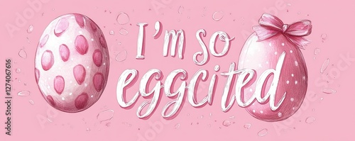 Illustration of pink Easter eggs with playful lettering reading 'I'm so eggcited' photo