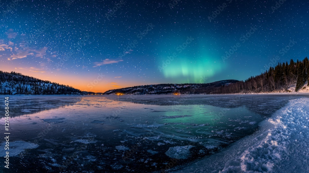 Naklejka premium Stunning Aurora Borealis over Frozen Lake and Starry Night Sky