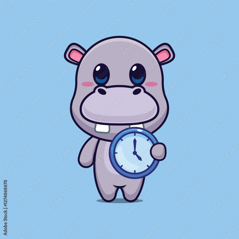 Fototapeta premium hippo mascot cartoon character vector illustration with clock