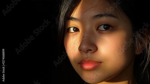 Close-up portrait, woman, sunlight, serious expression, profile view, for stock image photo