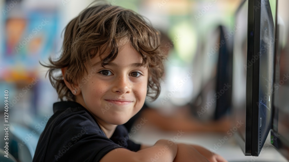 A young boy with glasses at a computer. A young boy with glasses at a computer.