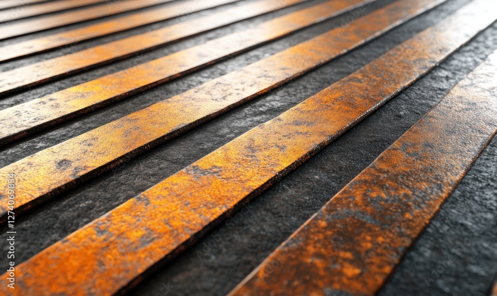 Close-up view of weathered metal strips with rust, showcasing industrial texture and depth Close-up view of weathered metal strips with rust, showcasing industrial texture and depth