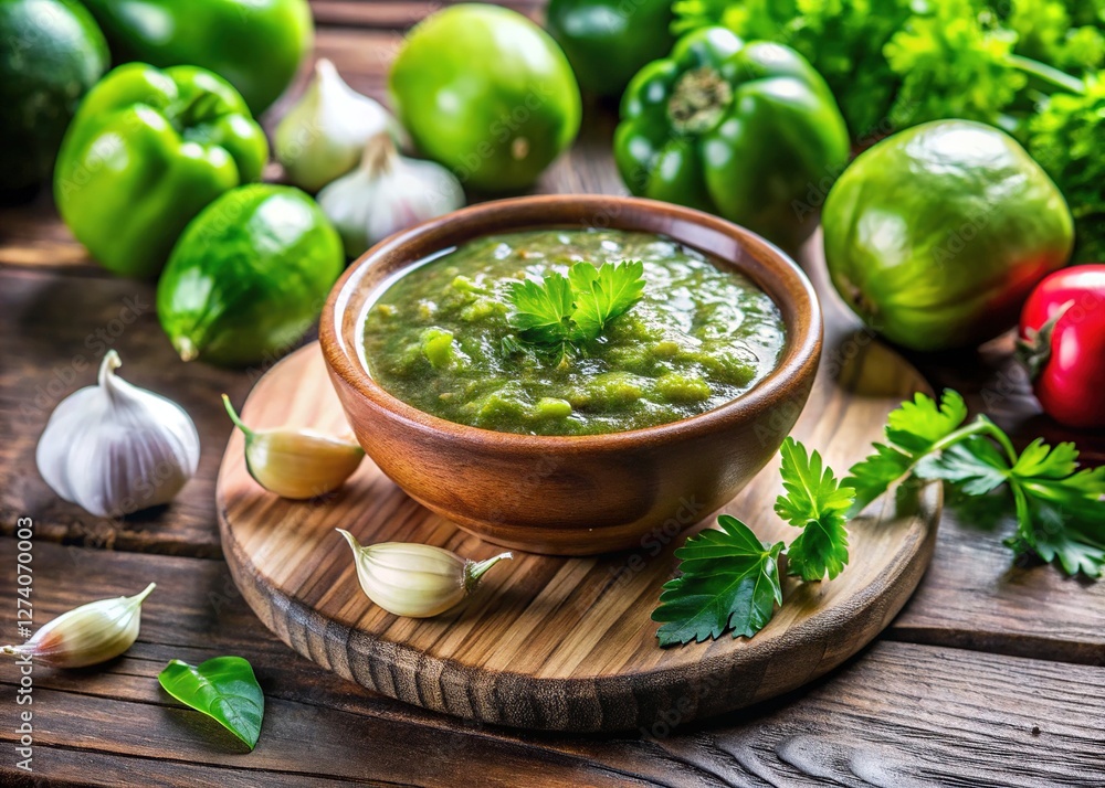 A vibrant salsa verde bowl, showcasing fresh produce. A vibrant salsa verde bowl, showcasing fresh produce.