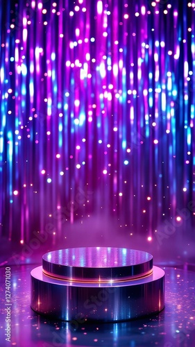 Round metallic podium resting on a reflective surface, illuminated by glowing purple and blue neon lights cascading like rain, creating a vibrant, futuristic atmosphere for product showcases