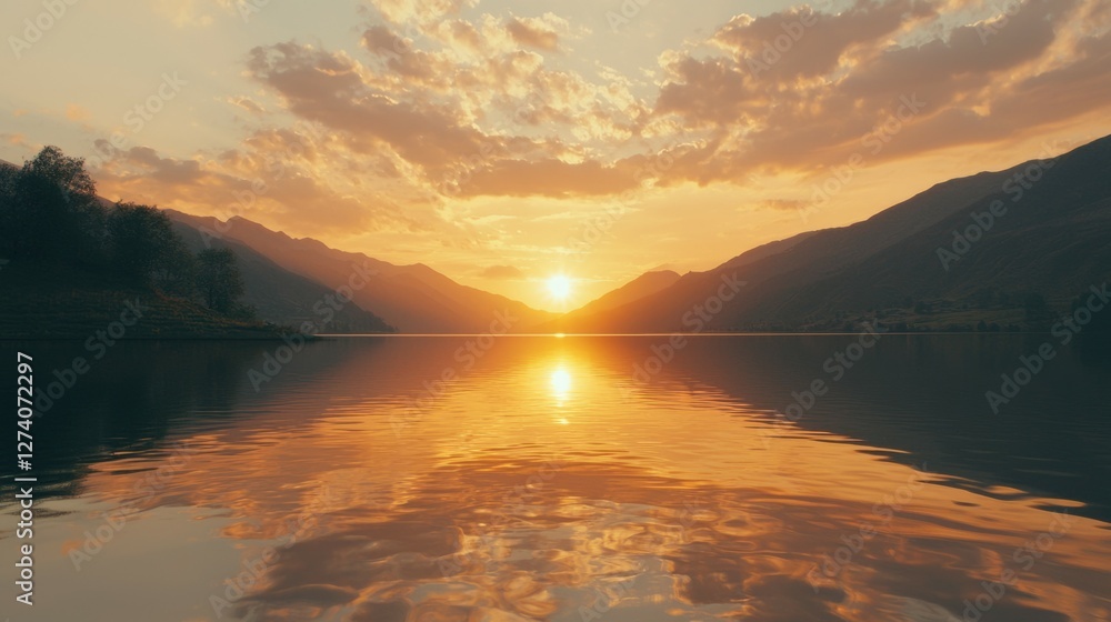 Fototapeta premium Serene Sunset Over Mountain Lake with Reflection and Soft Clouds