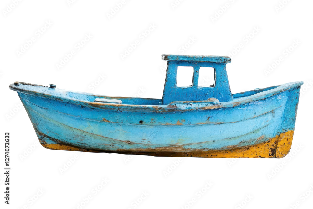 Charming blue wooden boat resting on the shore under the warm sun at a coastal harbor isolated on transparent background