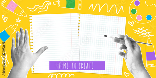 Time to create. Trendy halftone collage banner with hands holding brush and paper sheets. Modern retro style. Retro artistic concept promoting creativity and craftsmanship. Vector  illustration.