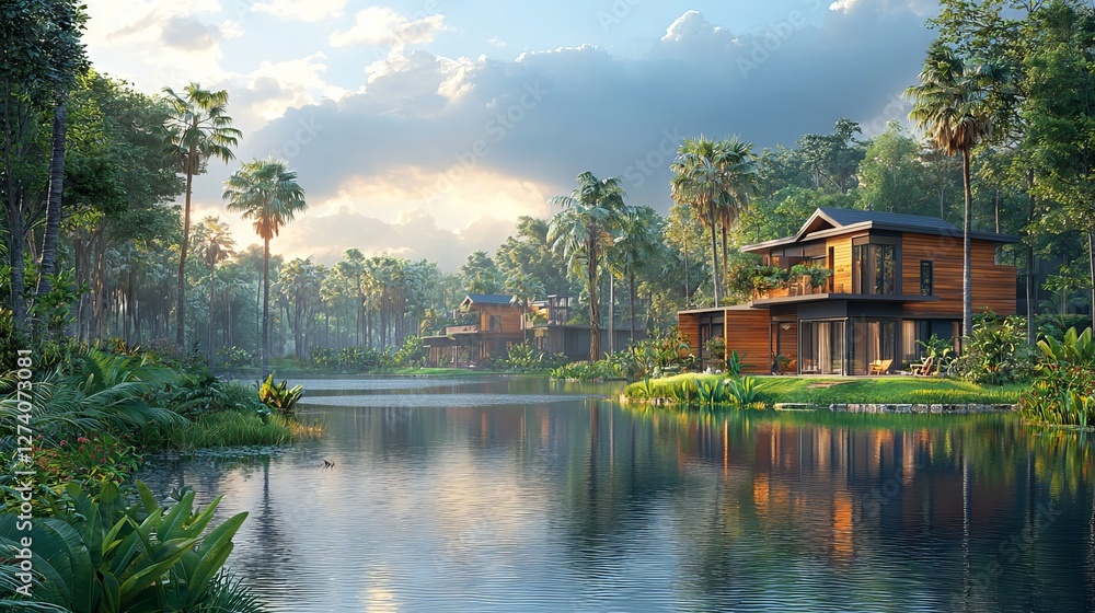 Obraz premium The description and keywords for your image include a serene lakeside cabin at sunset, its modern architecture and palm trees reflected in the calm water, complete with large windows and a deck