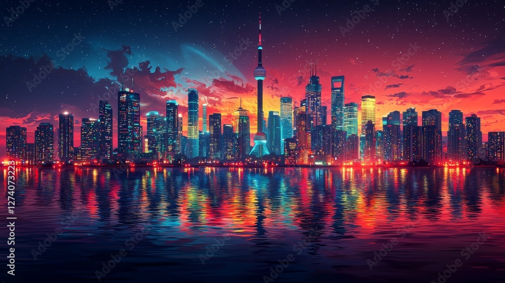 This image features a nighttime panorama of a cityscape with skyscrapers reflected in calm water, along with a description and keywords This image features a nighttime panorama of a cityscape with skyscrapers reflected in calm water, along with a description and keywords