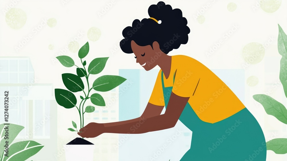 Woman gardening with potted plant in urban setting Woman gardening with potted plant in urban setting