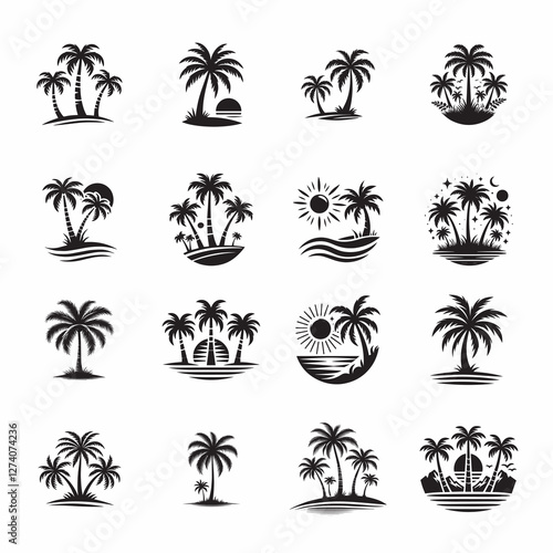 Palm tree beach summer silhouette vector illustration set vector