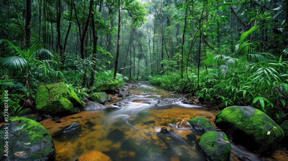Lush rainforest with a serene stream flowing through vibrant greenery. Lush rainforest with a serene stream flowing through vibrant greenery.
