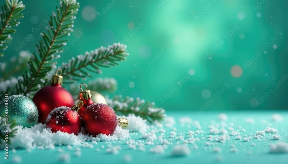 Obraz premium Frosty winter scene with ornaments on a green background, calm, scenery, frost