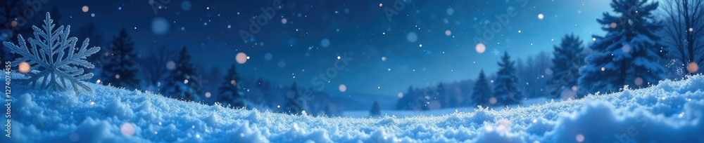 Frosty winter landscape with glittering snow and starry night sky, snowflake, icy, magical Frosty winter landscape with glittering snow and starry night sky, snowflake, icy, magical
