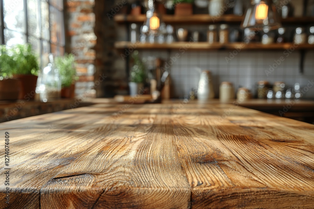 This stock photo features a wooden table in an empty state, positioned in front of a modern kitchen that is blurred This stock photo features a wooden table in an empty state, positioned in front of a modern kitchen that is blurred