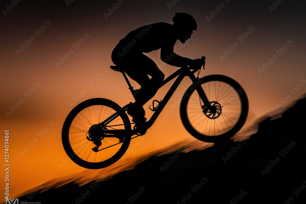 Obraz premium Dramatic Coastal Cliff Descent Cyclist Silhouette Golden Hour Long Exposure Adventure Sport