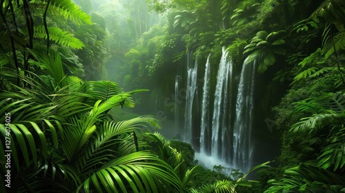 Lush tropical rainforest with cascading waterfalls and dense greenery.