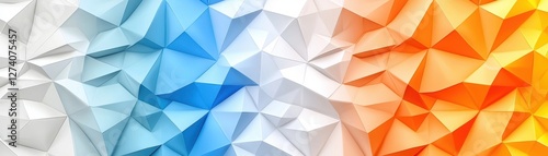 A vibrant, abstract design featuring a gradient of blue and orange hues with a textured, 3D-like triangular pattern.