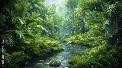 Lush tropical rainforest with a serene river flowing through vibrant greenery.