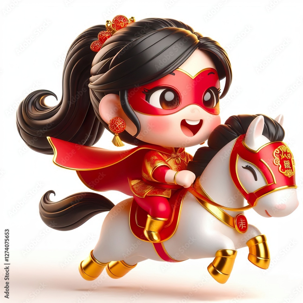 Fototapeta premium A cute 3d red gold happy superhero Chinese girl riding a horse, funny, happy, smile, white background