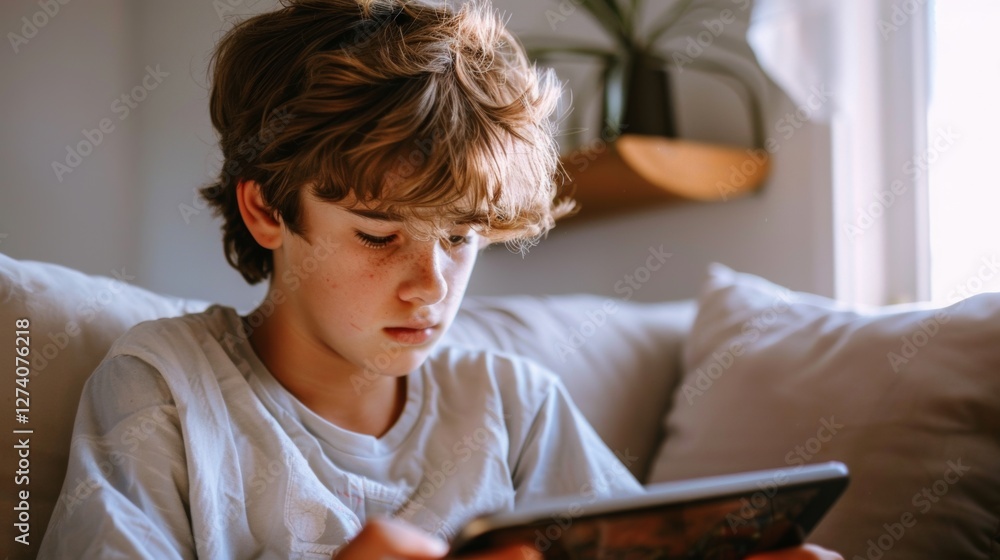 The image shows a young boy sitting on a couch and looking at his phone, with blond hair and a focused expression. He appears to be engaged with the content on the screen. The image shows a young boy sitting on a couch and looking at his phone, with blond hair and a focused expression. He appears to be engaged with the content on the screen.