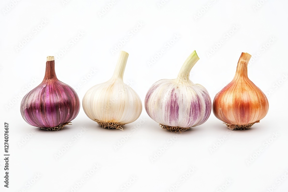 Obraz premium Colorful garlic bulbs, studio shot, white background, food photography