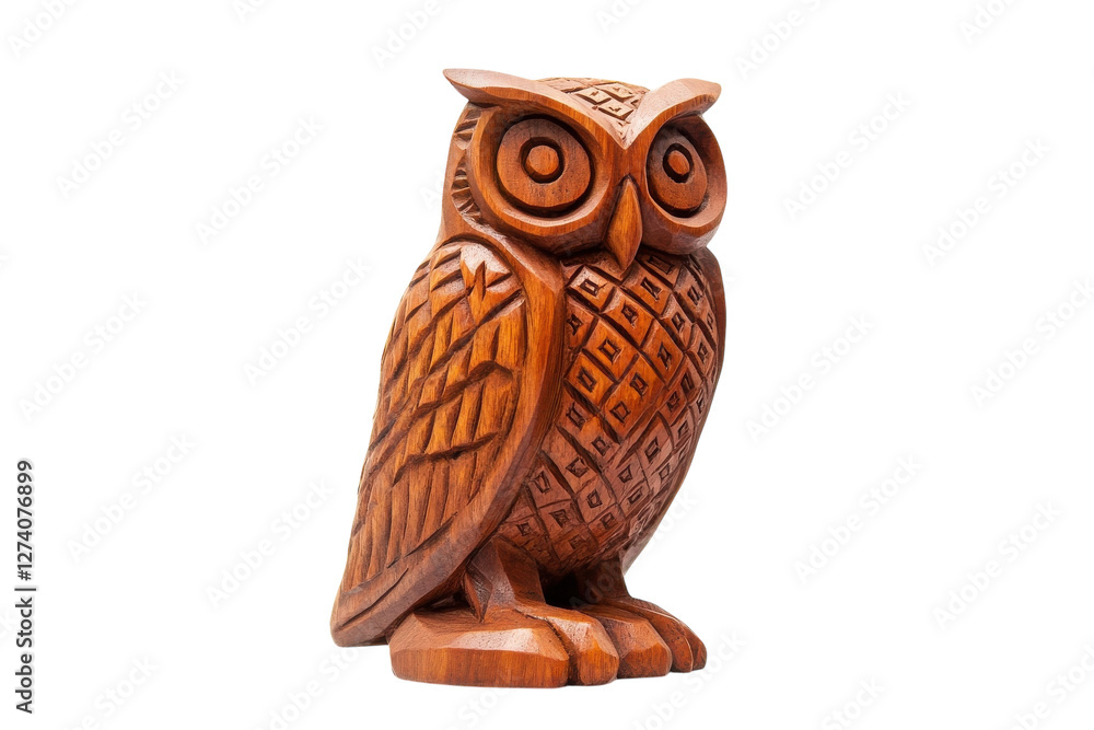 Intricately carved wooden owl sculpture standing proudly against a bright, plain background isolated on transparent background