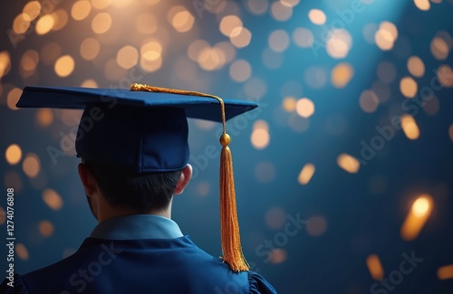Back view illustration of man wearing graduation cap, gown on dark blue bokeh background. Student celebrates academic success, looks at future perspective. Generative AI illustration for college