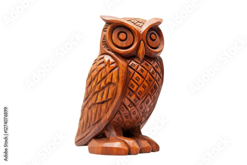 Obraz na płótnie Intricately carved wooden owl sculpture standing proudly against a bright, plain background isolated on transparent background w salonie