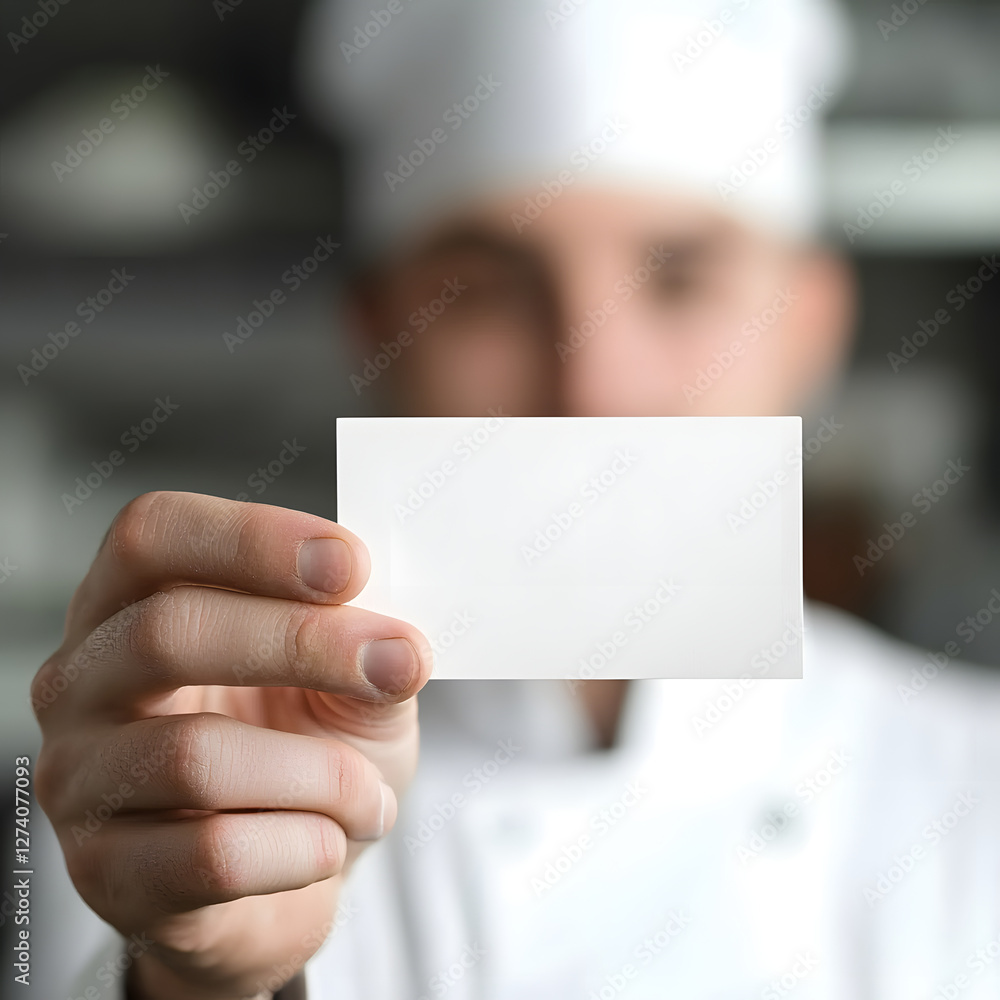 chef in white uniform and hat holds blank card, showcasing professionalism and readiness. background suggests kitchen environment, emphasizing culinary expertise chef in white uniform and hat holds blank card, showcasing professionalism and readiness. background suggests kitchen environment, emphasizing culinary expertise