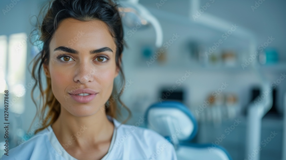 Fototapeta premium In the photo, a woman with makeup is looking at the camera while wearing a white lab coat, standing in front of dental equipment, with a blurred background of a dental office interior.