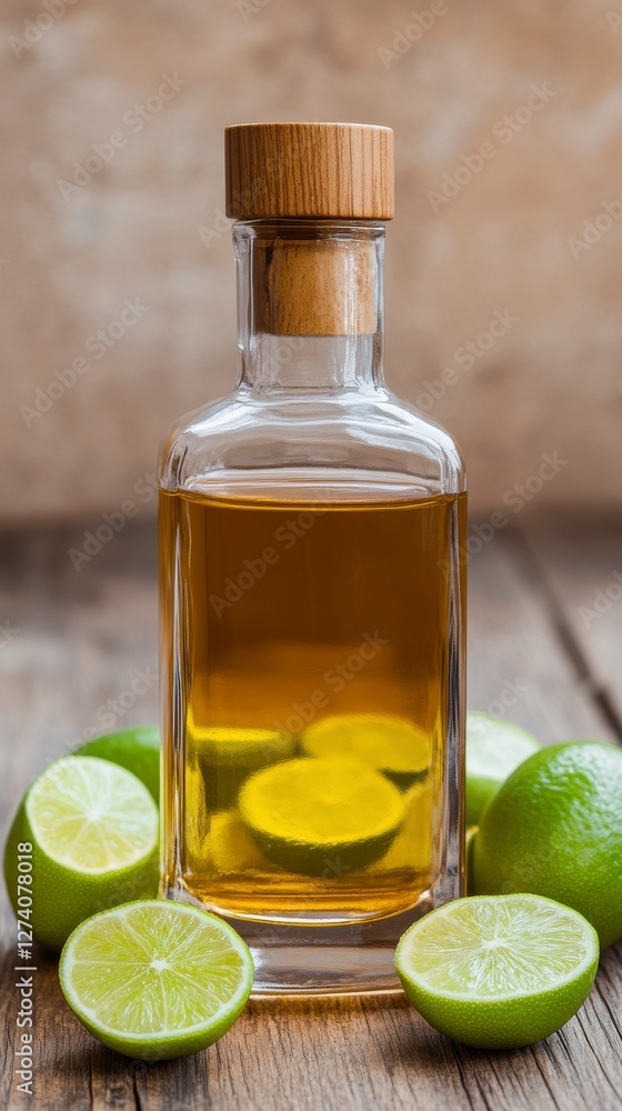 Elegant Transparent Bottle of Tequila Surrounded by Fresh Limes Elegant Transparent Bottle of Tequila Surrounded by Fresh Limes