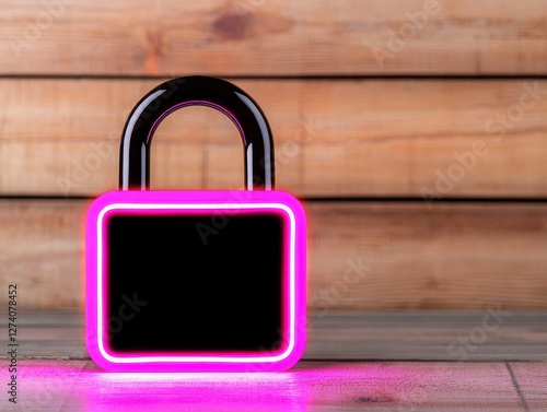 Colorful neon padlock on a wooden background, symbolizing security and protection. photo