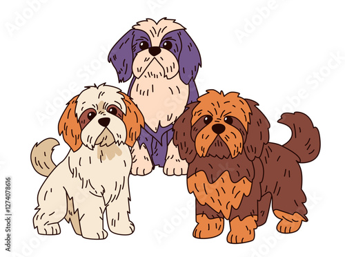 Cute cartoon dogs trio adorable fluffy pets illustration. Three small dogs with colorful fur sitting together on a white background. Perfect for pet-themed designs