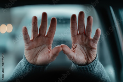 A powerful image depicting two hands raised against a glass pane, symbolizing vulnerability and challenge, blending emotion and artistic expression. photo