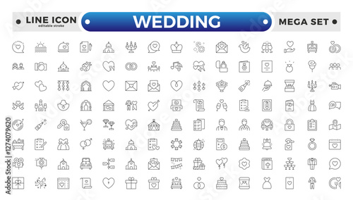 Wedding and Marriage Outline icon collection. Newlyweds' holiday, wedding, love. Bride, groom, lovers, wedding rings, wedding car, cake, wedding service wedding vows. Editable stroke outline icon. 