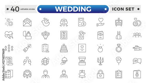 Wedding and Marriage Outline icon collection. Newlyweds' holiday, wedding, love. Bride, groom, lovers, wedding rings, wedding car, cake, wedding service wedding vows. Editable stroke outline icon. 