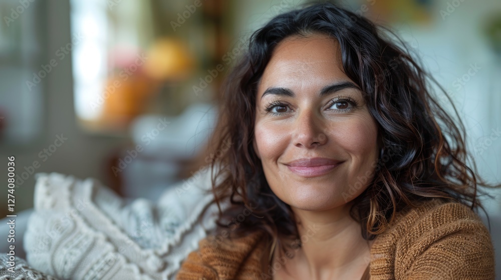 This image features a woman sitting on a couch indoors. This image features a woman sitting on a couch indoors.